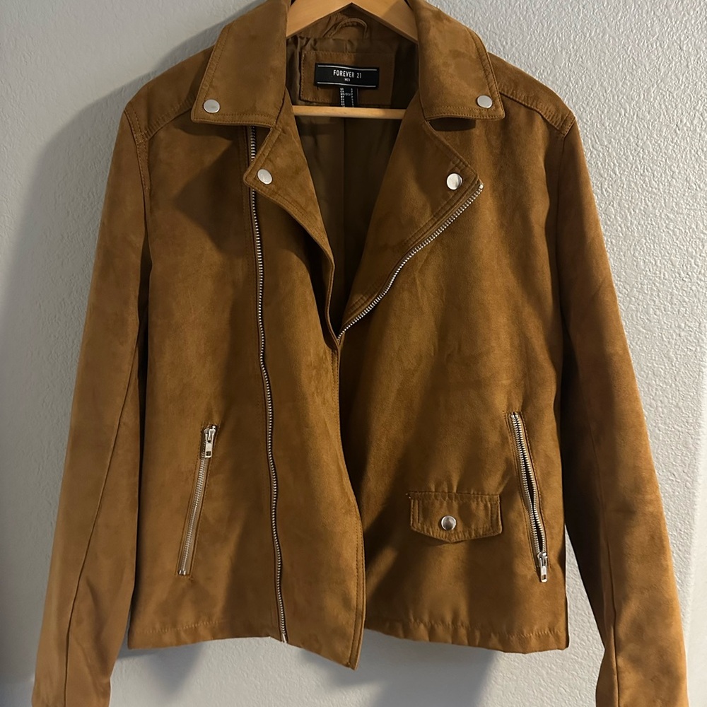 Forever 21 Tan Leather Moto Jacket with Asymmetrical Zipper